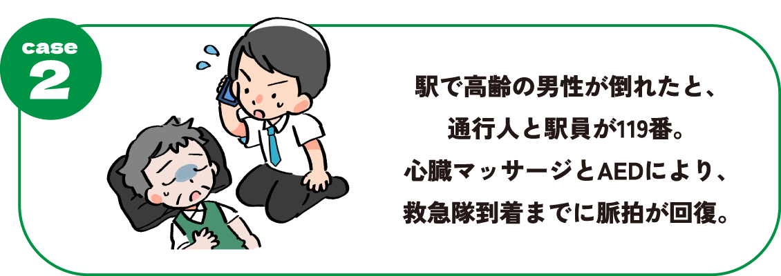 駅で高齢の男性が倒れたと、通行人と駅員が119番。心臓マッサージとAEDにより、救急隊到着までに脈拍が回復。